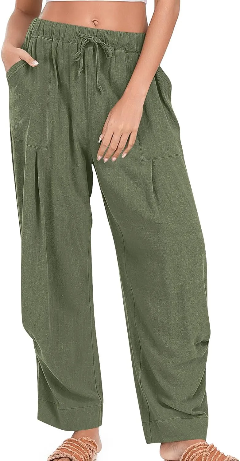 Cotton Linen Pants for Women Summer Wide Leg Pants Drawstring Elastic High Waisted Lounge Pant Casual Beach Trousers