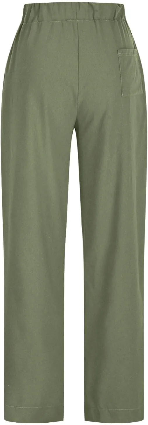 Cotton Linen Pants for Women Summer Wide Leg Pants Drawstring Elastic High Waisted Lounge Pant Casual Beach Trousers