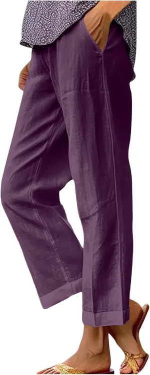 Cotton Linen Pants Women Plus Size High Waisted Cropped Lounge Trousers Casual Summer Wide Leg Beach Pant
