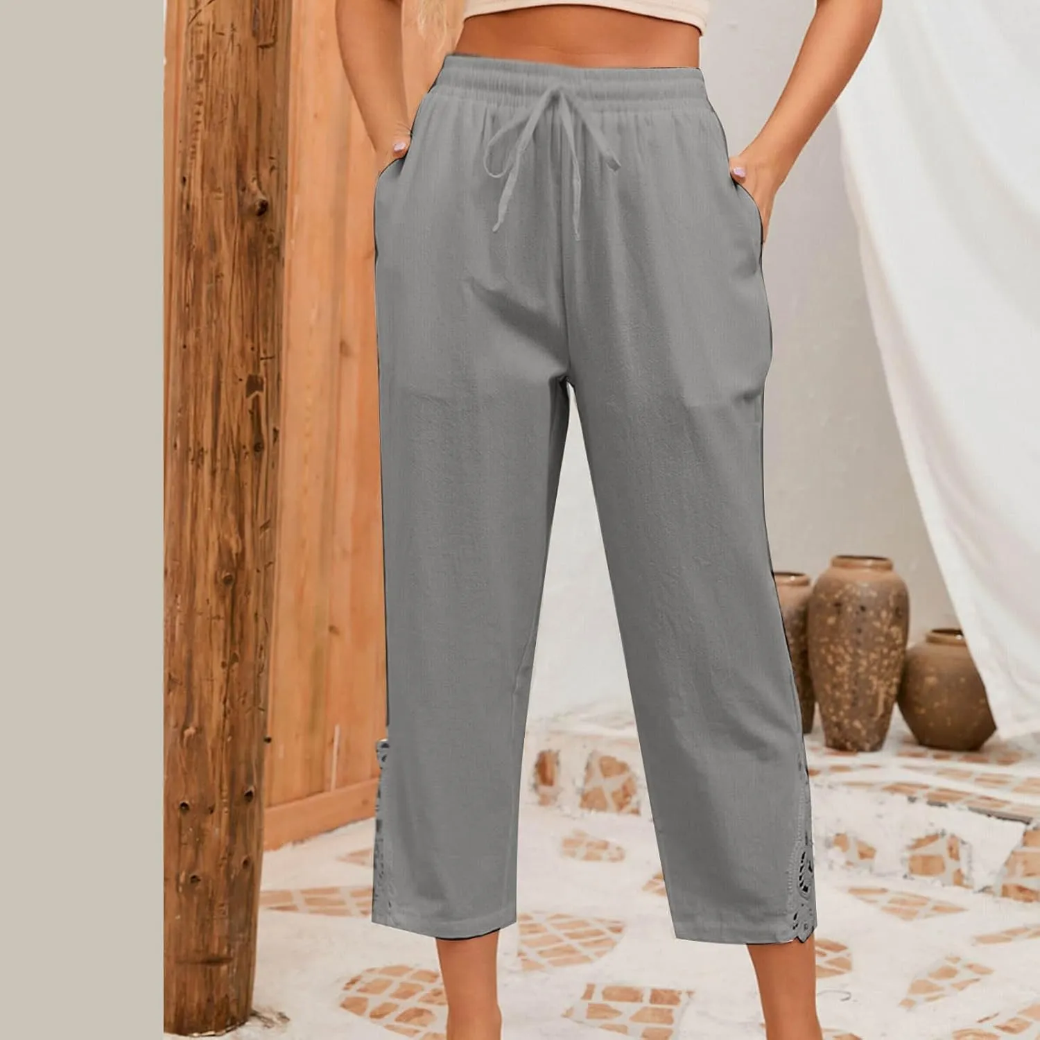 Cotton Linen Pants Women Summer Casual Loose Elastic High Waist Beach Trousers with Pockets Lace Buttom Capri Pants