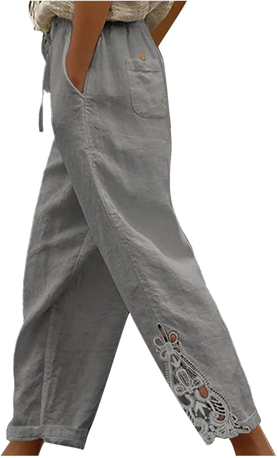 Cotton Linen Pants Women Summer Casual Loose Elastic High Waist Beach Trousers with Pockets Lace Buttom Capri Pants