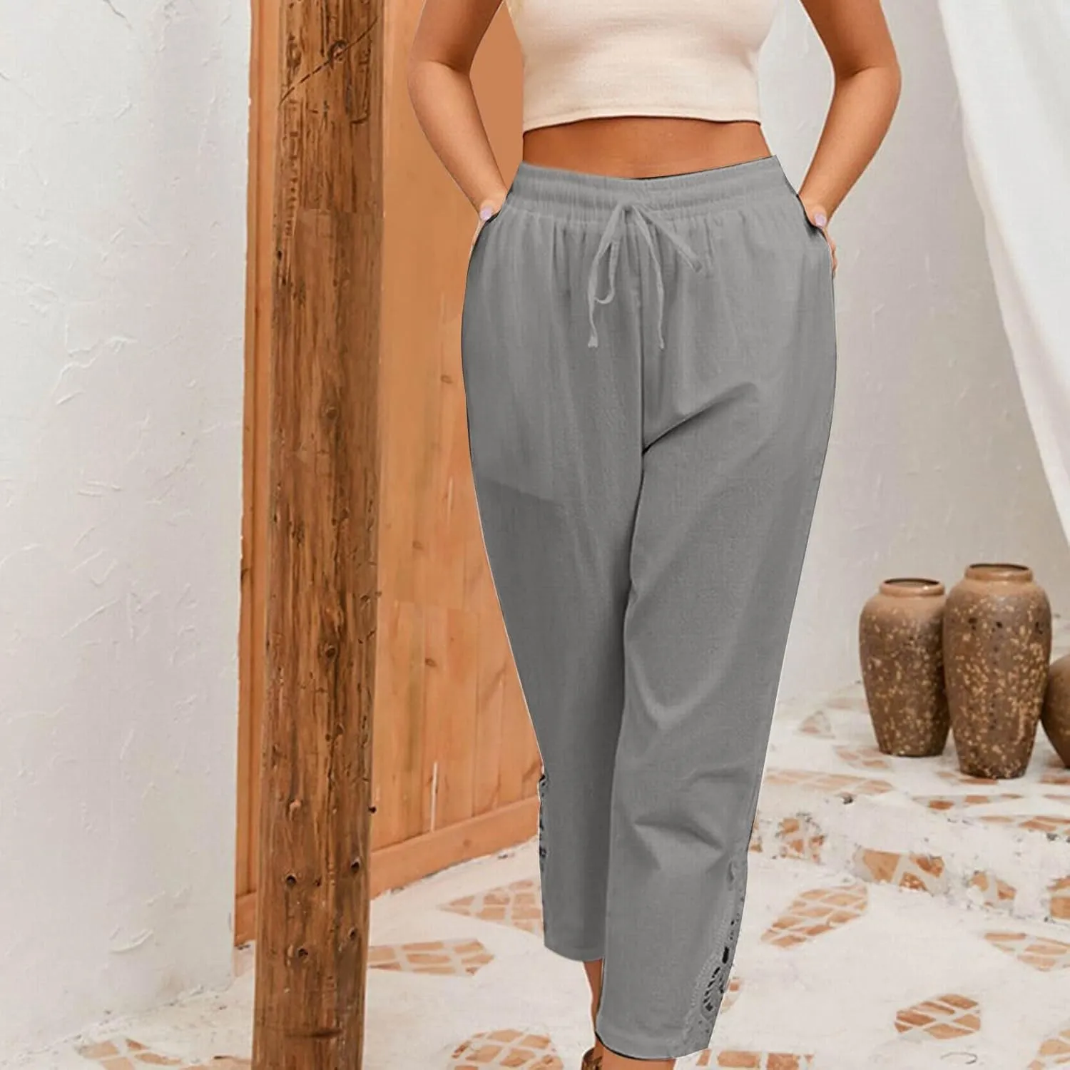 Cotton Linen Pants Women Summer Casual Loose Elastic High Waist Beach Trousers with Pockets Lace Buttom Capri Pants