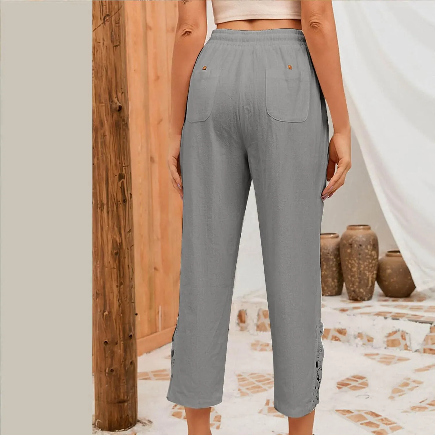 Cotton Linen Pants Women Summer Casual Loose Elastic High Waist Beach Trousers with Pockets Lace Buttom Capri Pants