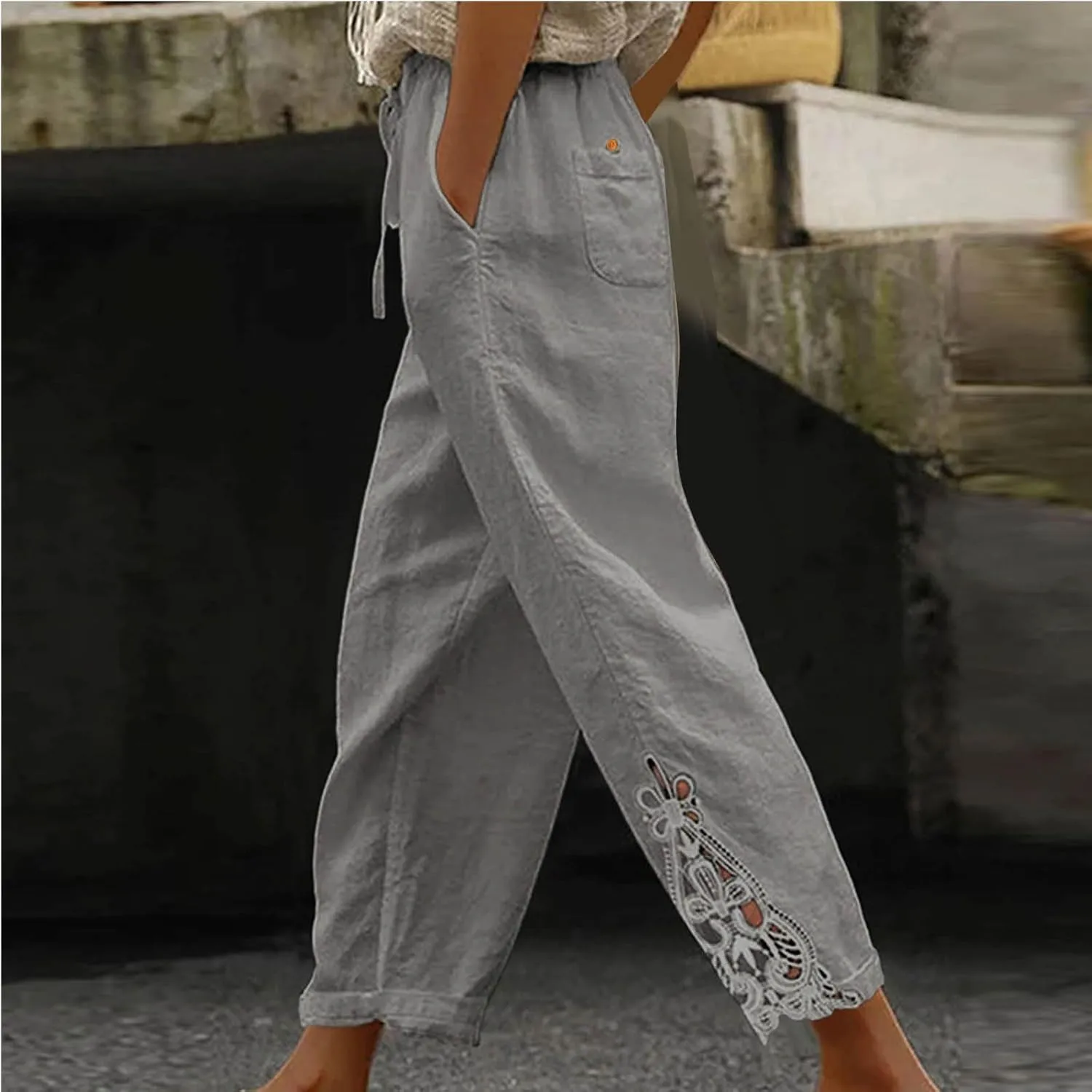 Cotton Linen Pants Women Summer Casual Loose Elastic High Waist Beach Trousers with Pockets Lace Buttom Capri Pants