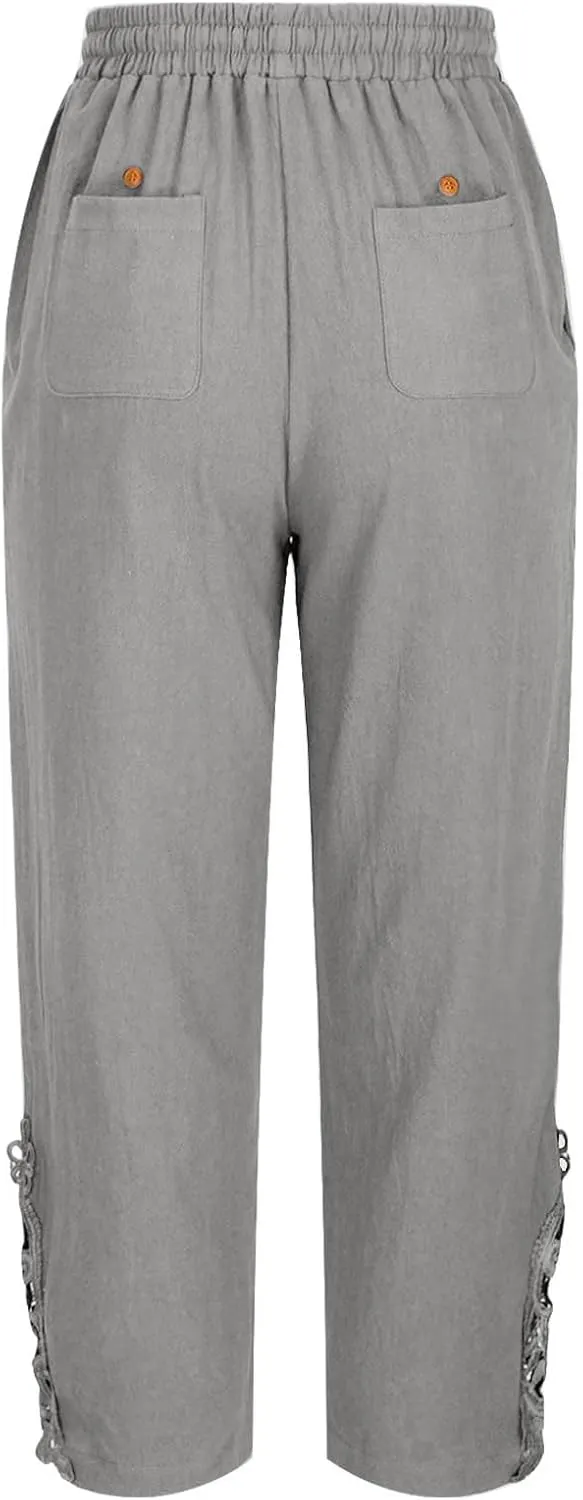 Cotton Linen Pants Women Summer Casual Loose Elastic High Waist Beach Trousers with Pockets Lace Buttom Capri Pants