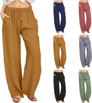 Cotton Linen Pants Women Summer Casual Wide Leg Loose Trousers Drawstring High Waist Palazzo Pants with Pocket