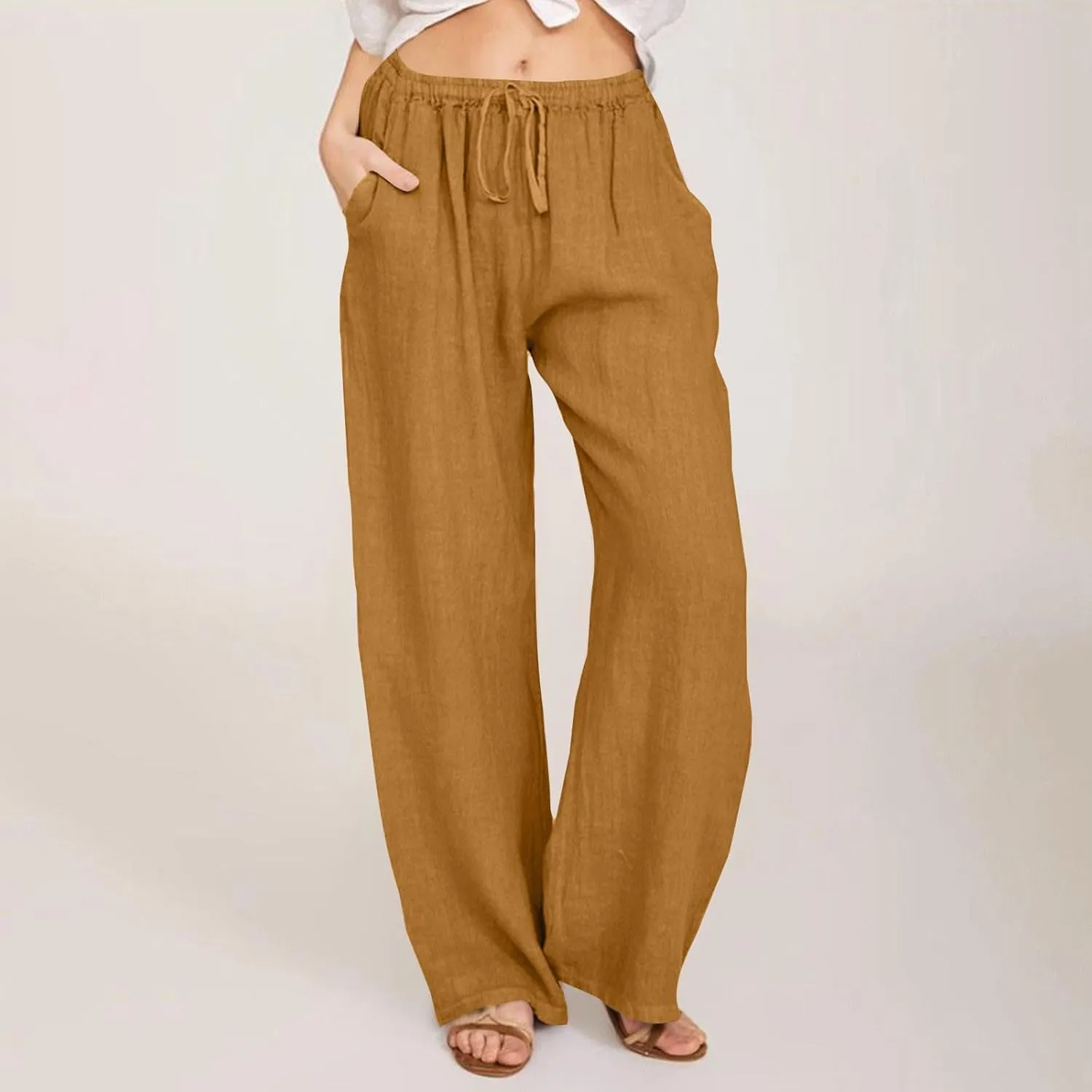 Cotton Linen Pants Women Summer Casual Wide Leg Loose Trousers Drawstring High Waist Palazzo Pants with Pocket