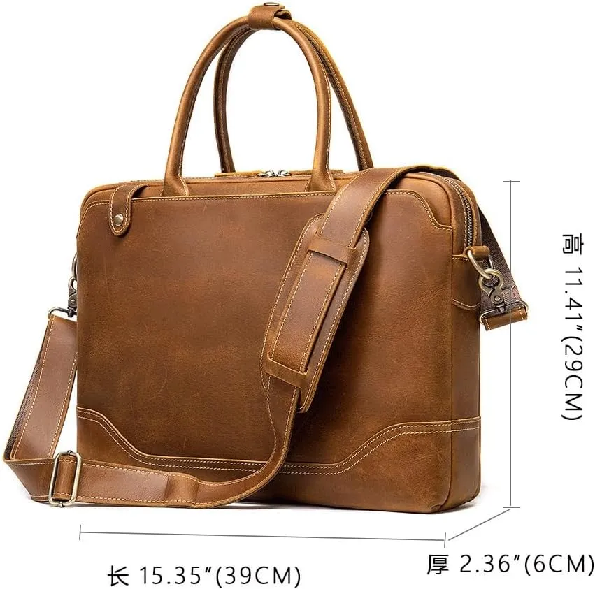 Crazy Horse Leather Briefcase Laptop Bag Vintage Top Layer Cowhide Crossbody Shoulder Bag