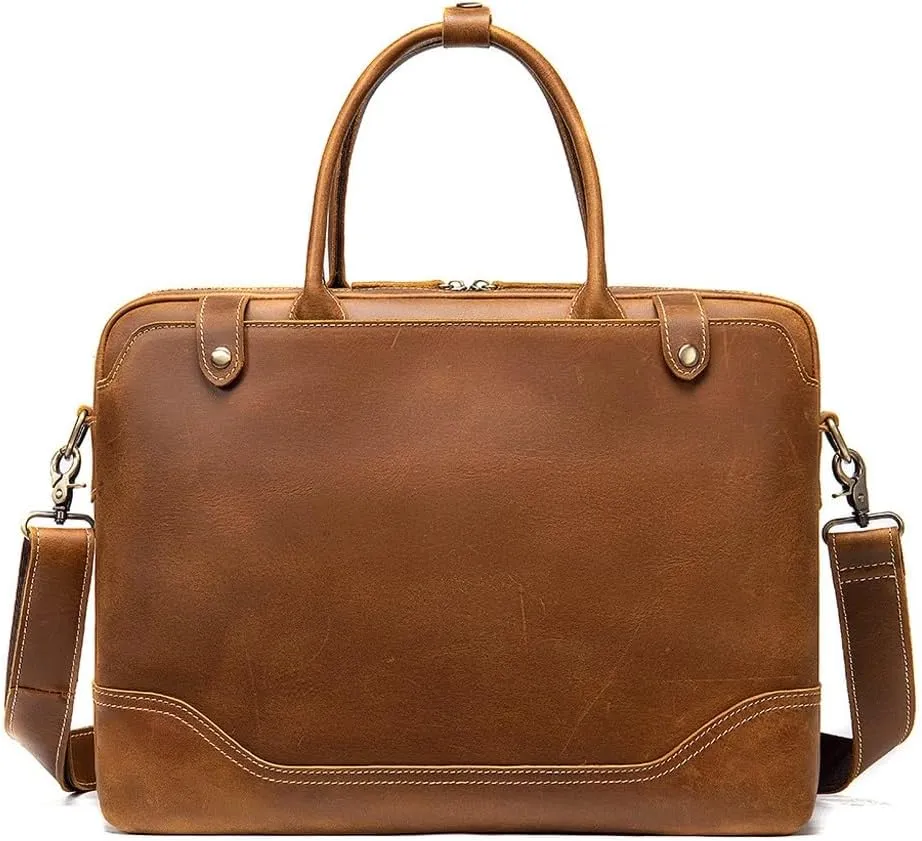 Crazy Horse Leather Briefcase Laptop Bag Vintage Top Layer Cowhide Crossbody Shoulder Bag