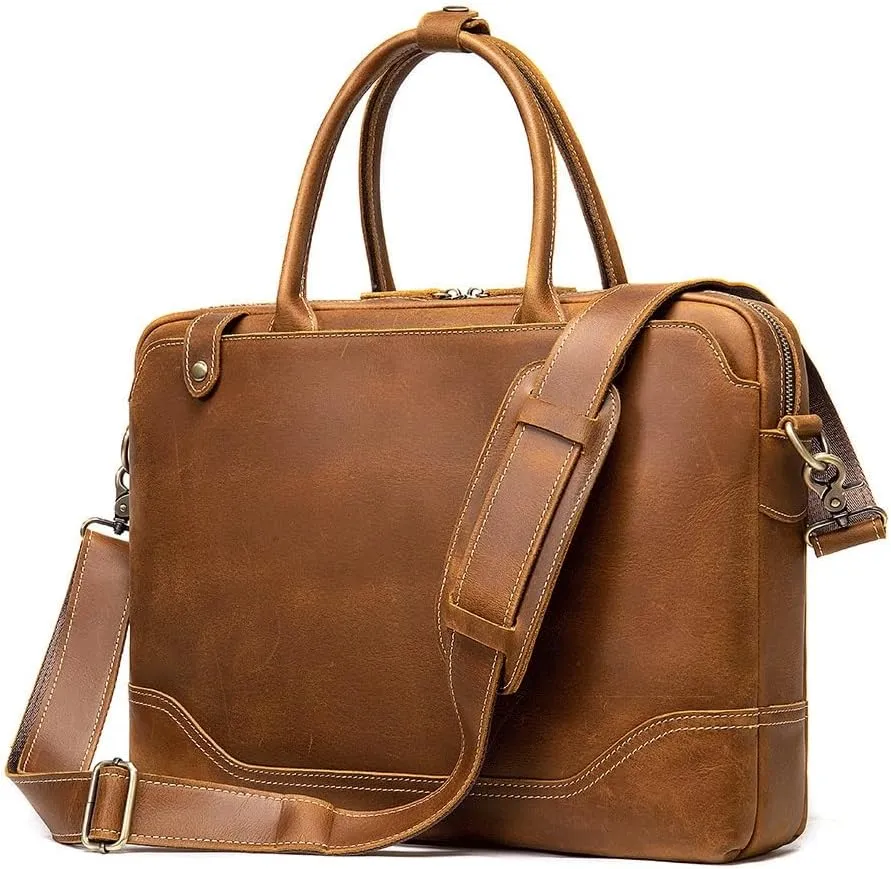 Crazy Horse Leather Briefcase Laptop Bag Vintage Top Layer Cowhide Crossbody Shoulder Bag