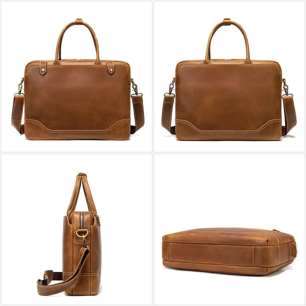 Crazy Horse Leather Briefcase Laptop Bag Vintage Top Layer Cowhide Crossbody Shoulder Bag