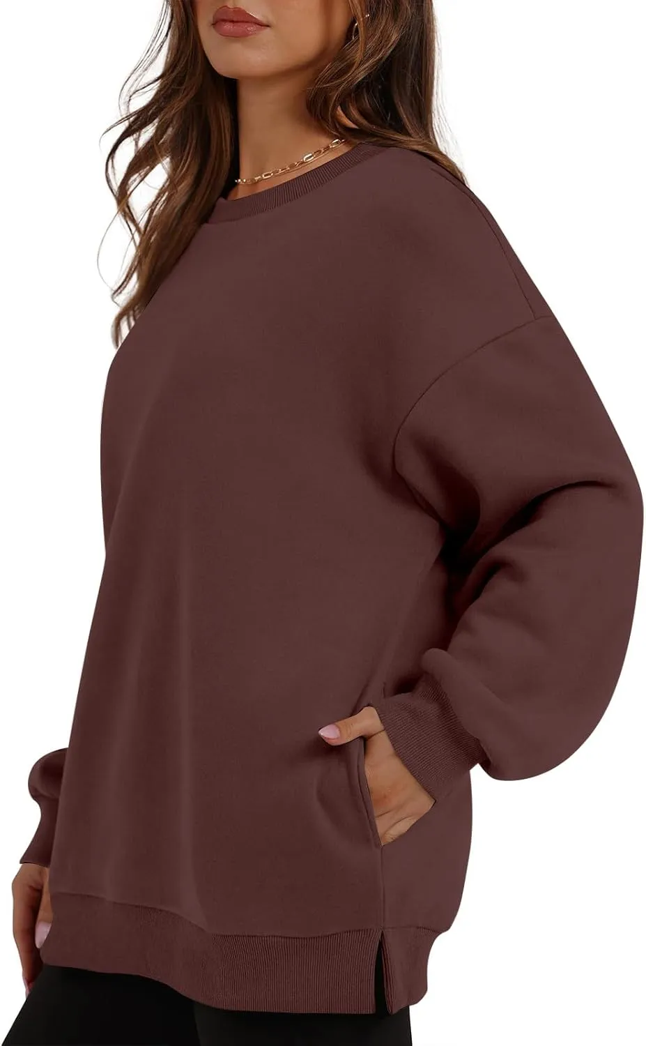Crewneck Sweatshirts Women Fleece Pullover Oversized Hoodie Drop Shoulder Outwear Long Sleeve Tops with Pocket