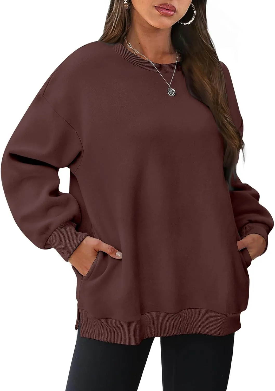 Crewneck Sweatshirts Women Fleece Pullover Oversized Hoodie Drop Shoulder Outwear Long Sleeve Tops with Pocket