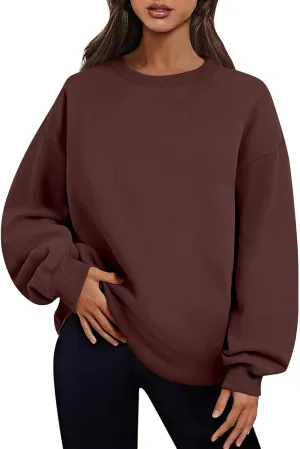 Crewneck Sweatshirts Women Fleece Pullover Oversized Hoodie Drop Shoulder Outwear Long Sleeve Tops with Pocket