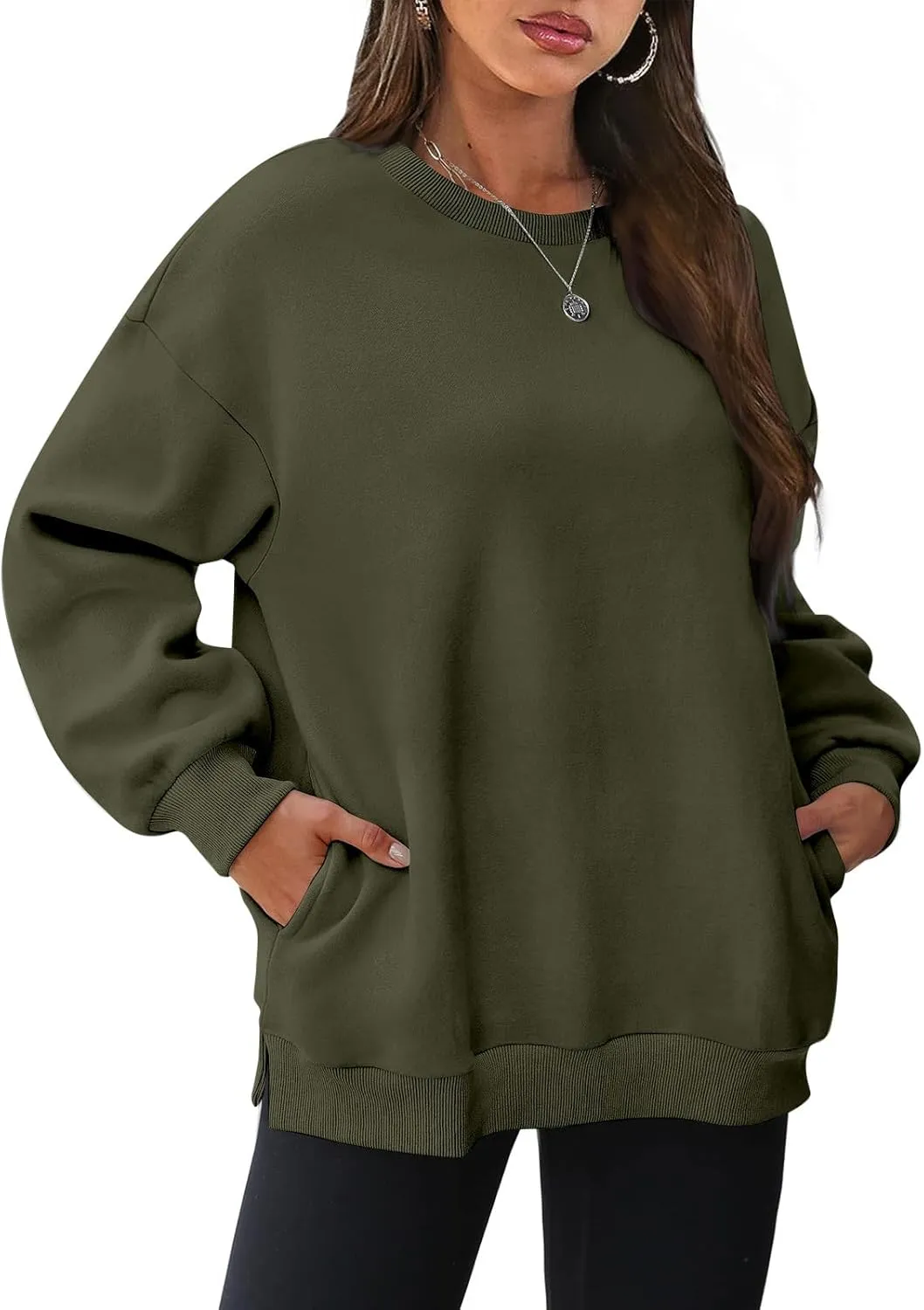 Crewneck Sweatshirts Women Fleece Pullover Oversized Hoodie Drop Shoulder Outwear Long Sleeve Tops with Pocket