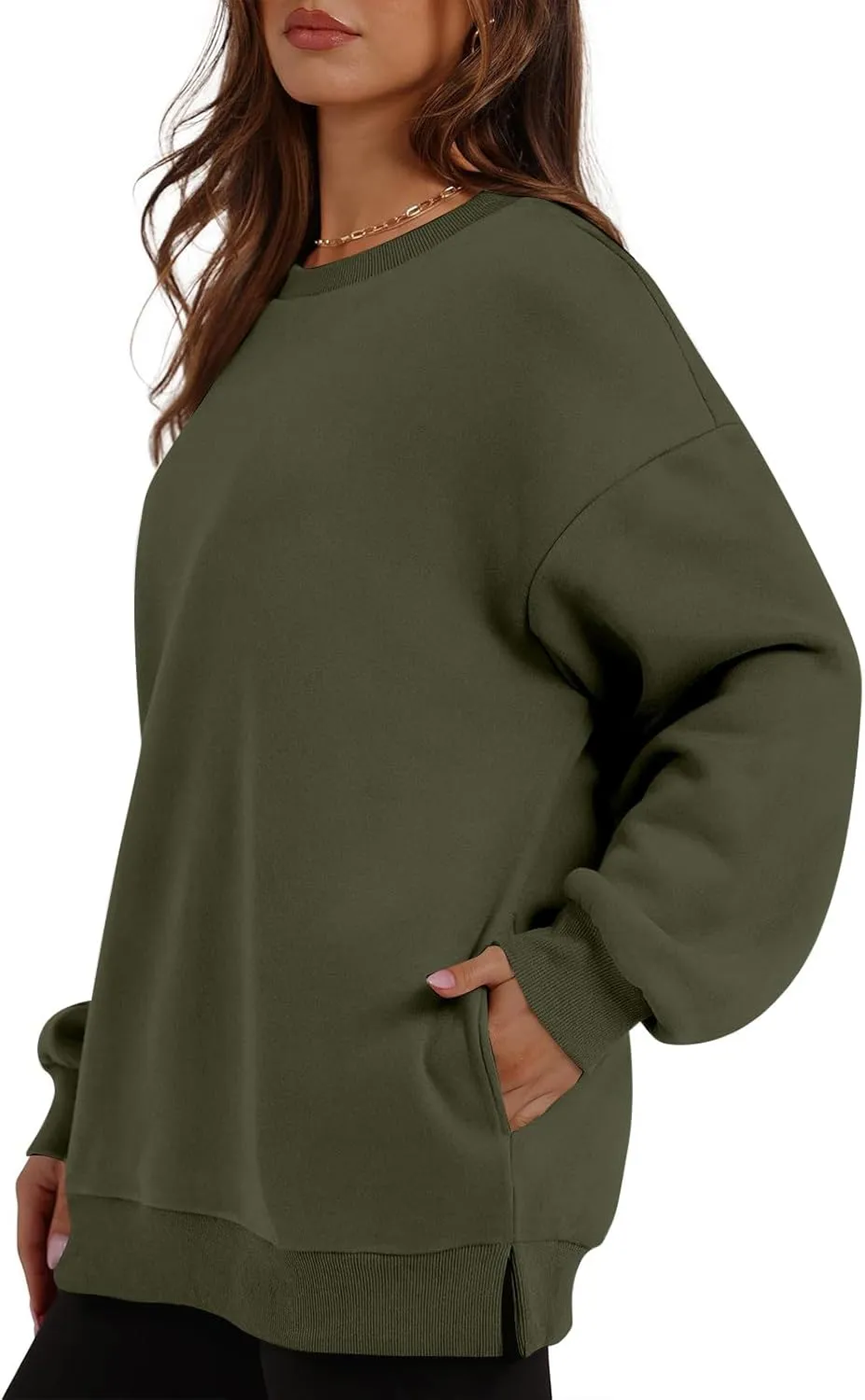 Crewneck Sweatshirts Women Fleece Pullover Oversized Hoodie Drop Shoulder Outwear Long Sleeve Tops with Pocket
