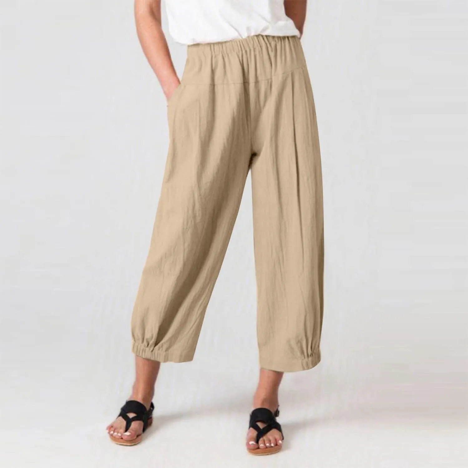 Cropped Linen Pants for Women Casual Loose Fit Elastic Waist Wide Led Summer Pants Straight Leg Lounge Trousers