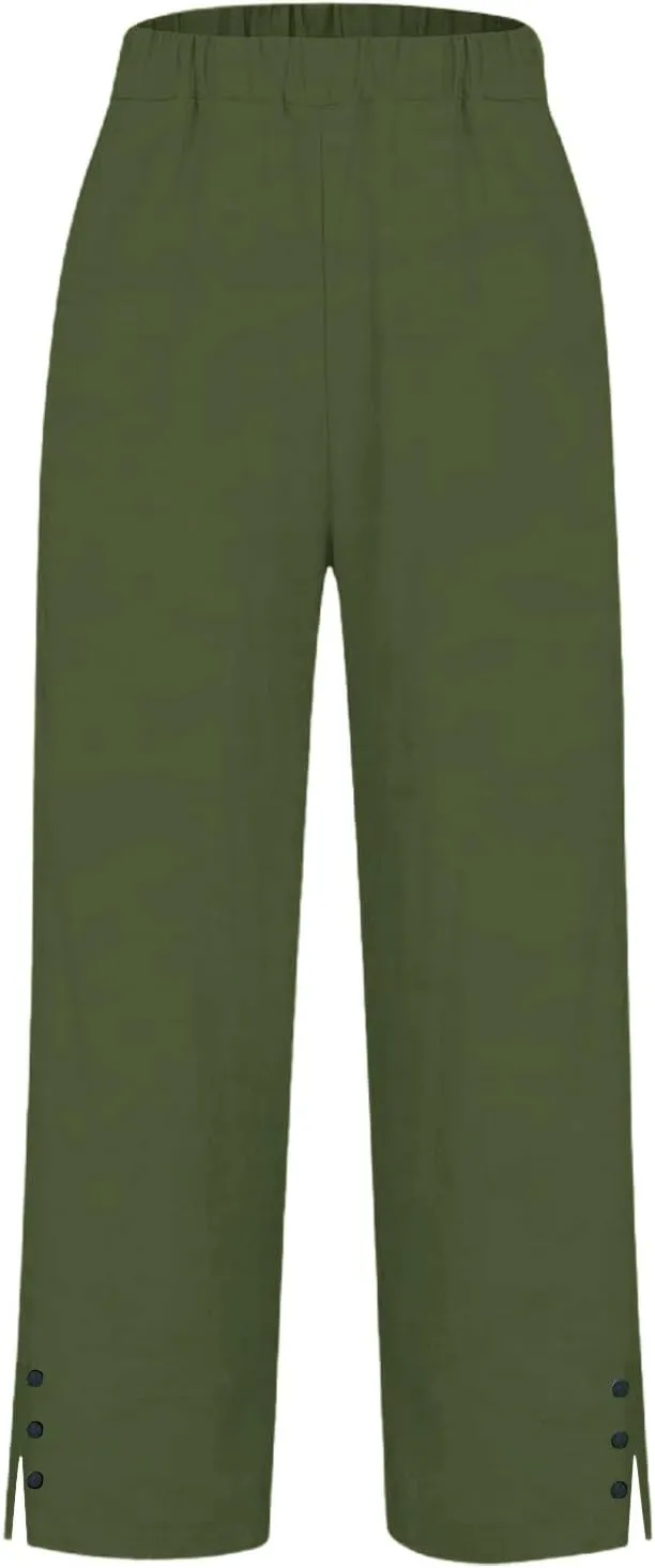 Cropped Linen Pants for Women Summer Elastic Waist Straight Leg Split Bottom Trousers Casual Beach Pants with Pockets