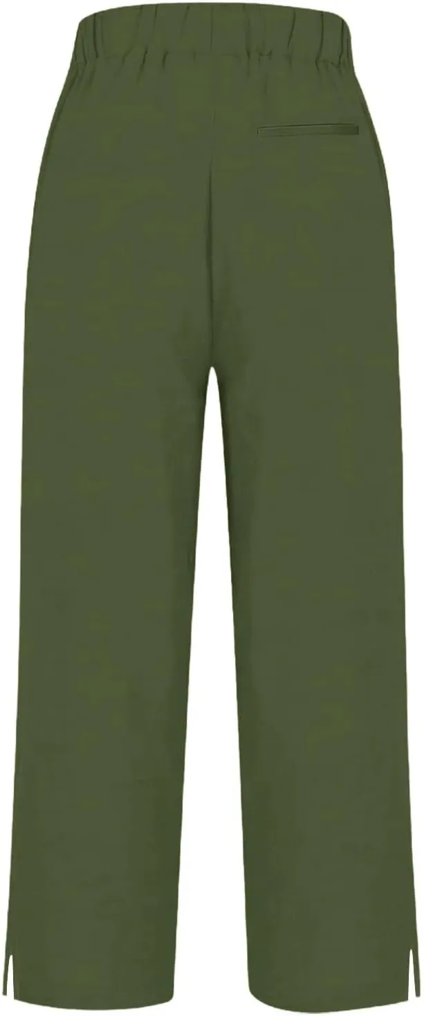 Cropped Linen Pants for Women Summer Elastic Waist Straight Leg Split Bottom Trousers Casual Beach Pants with Pockets