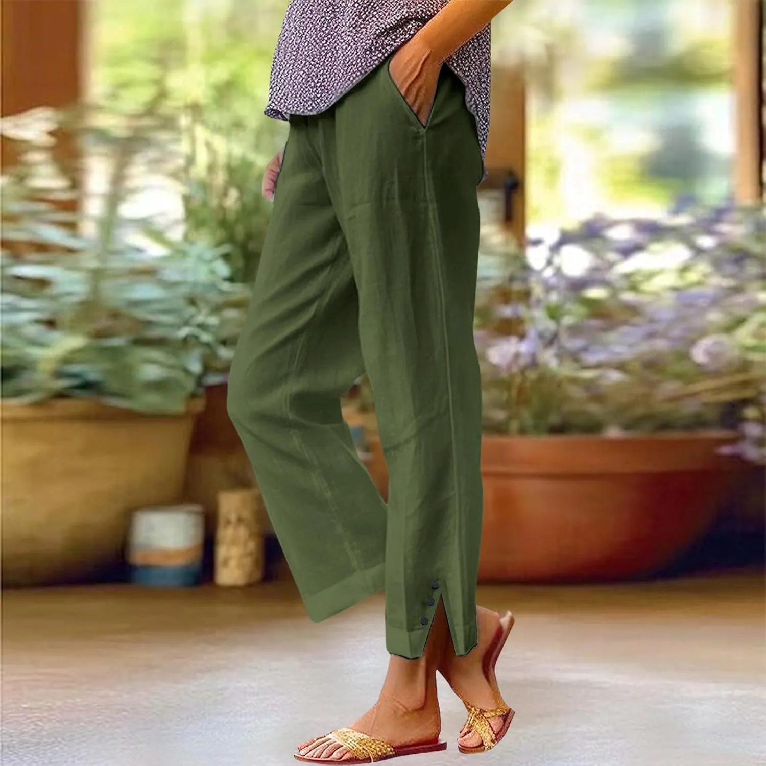 Cropped Linen Pants for Women Summer Elastic Waist Straight Leg Split Bottom Trousers Casual Beach Pants with Pockets