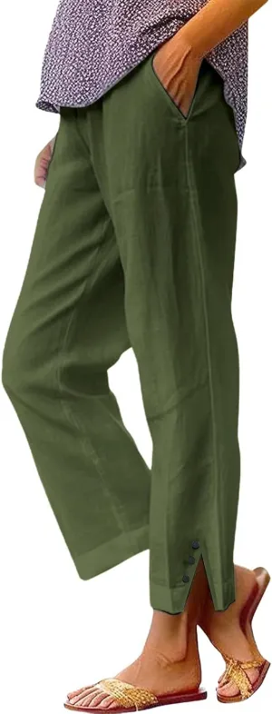 Cropped Linen Pants for Women Summer Elastic Waist Straight Leg Split Bottom Trousers Casual Beach Pants with Pockets