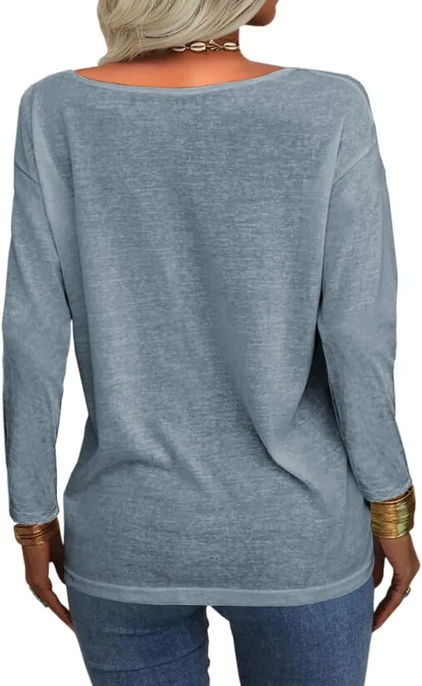 Danedvi Women Fashion Deep V-Neck Long Sleeve Tops Solid Casual Loose Basic T Shirt