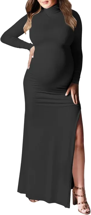 Dedysler Maternity Lounge Long Photoshoot Dress: Long Sleeve Sexy Turtle Neck Bodycon Maxi Casual Pregnancy Clothes