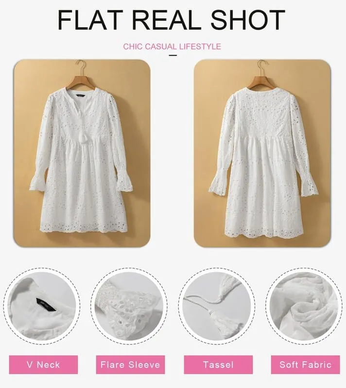 Dokotoo Womens 2024 Casual Dress Tassel V Neck Long Sleeve A Line Hollow Out Lace Ruffle Party Dresses