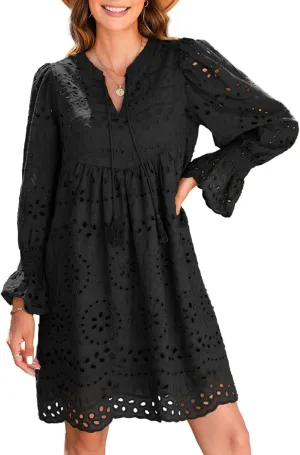 Dokotoo Womens 2024 Casual Dress Tassel V Neck Long Sleeve A Line Hollow Out Lace Ruffle Party Dresses