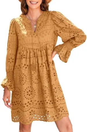 Dokotoo Womens 2024 Casual Dress Tassel V Neck Long Sleeve A Line Hollow Out Lace Ruffle Party Dresses
