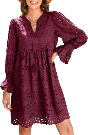 Dokotoo Womens 2024 Casual Dress Tassel V Neck Long Sleeve A Line Hollow Out Lace Ruffle Party Dresses