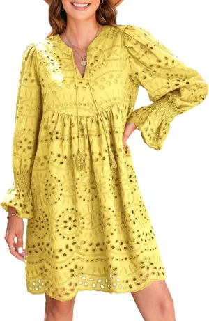 Dokotoo Womens 2024 Casual Dress Tassel V Neck Long Sleeve A Line Hollow Out Lace Ruffle Party Dresses