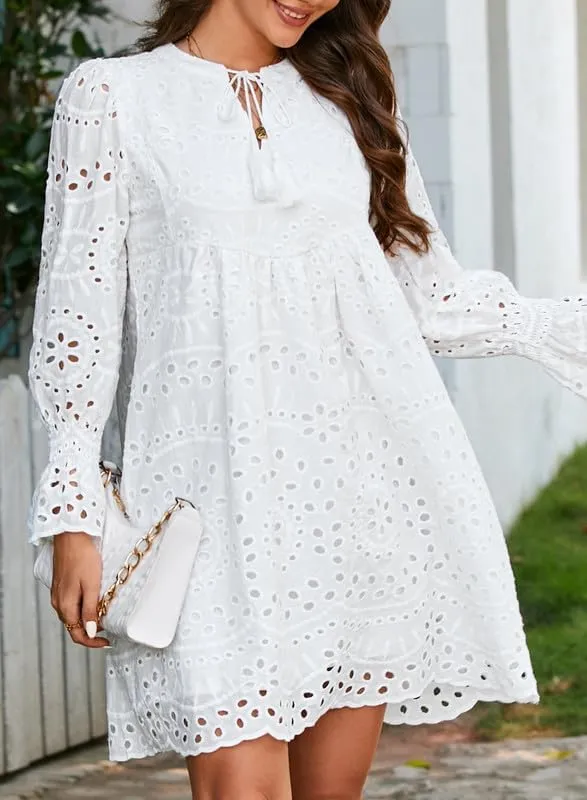 Dokotoo Womens 2024 Casual Dress Tassel V Neck Long Sleeve A Line Hollow Out Lace Ruffle Party Dresses
