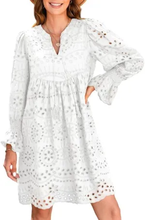 Dokotoo Womens 2024 Casual Dress Tassel V Neck Long Sleeve A Line Hollow Out Lace Ruffle Party Dresses