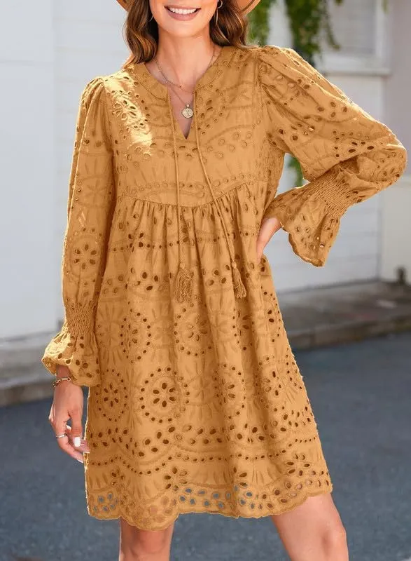 Dokotoo Womens 2024 Casual Dress Tassel V Neck Long Sleeve A Line Hollow Out Lace Ruffle Party Dresses