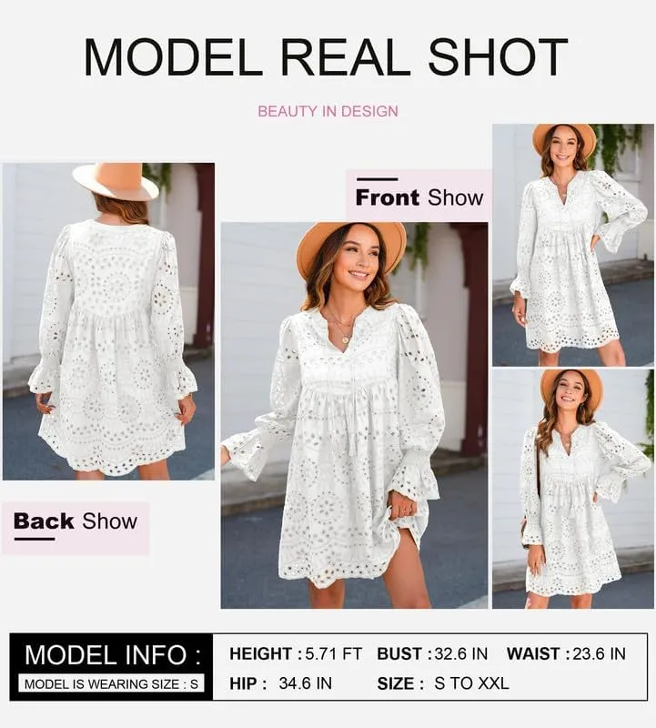 Dokotoo Womens 2024 Casual Dress Tassel V Neck Long Sleeve A Line Hollow Out Lace Ruffle Party Dresses