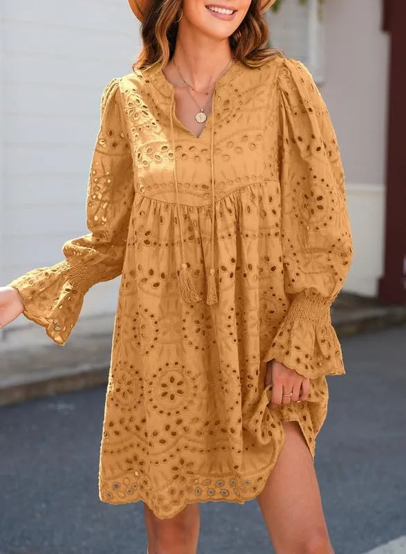 Dokotoo Womens 2024 Casual Dress Tassel V Neck Long Sleeve A Line Hollow Out Lace Ruffle Party Dresses
