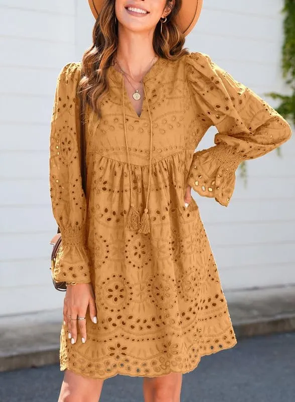 Dokotoo Womens 2024 Casual Dress Tassel V Neck Long Sleeve A Line Hollow Out Lace Ruffle Party Dresses