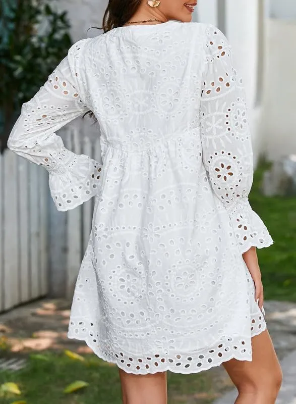 Dokotoo Womens 2024 Casual Dress Tassel V Neck Long Sleeve A Line Hollow Out Lace Ruffle Party Dresses