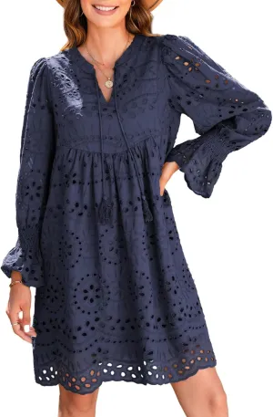 Dokotoo Womens 2024 Casual Dress Tassel V Neck Long Sleeve A Line Hollow Out Lace Ruffle Party Dresses