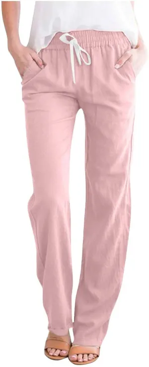 Dressy Casual Linen Pants for Women Comfy Cotton Pant Summer Beach Pants Drawstring Elastic Waist Straight Trousers
