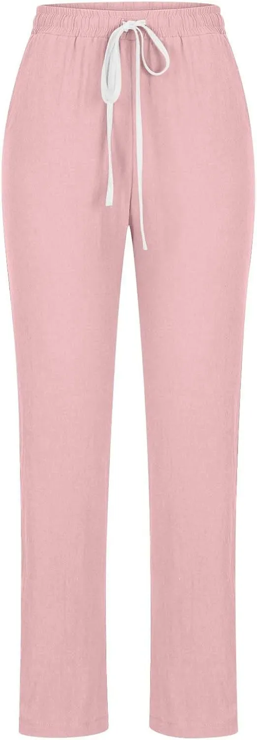 Dressy Casual Linen Pants for Women Comfy Cotton Pant Summer Beach Pants Drawstring Elastic Waist Straight Trousers