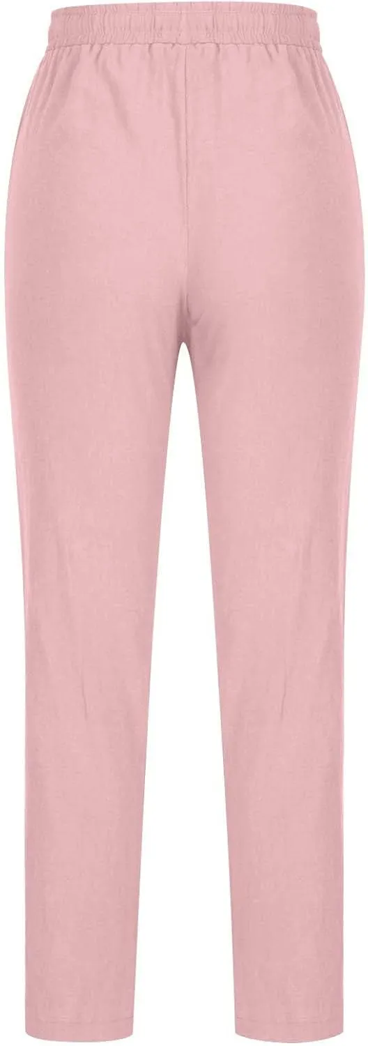 Dressy Casual Linen Pants for Women Comfy Cotton Pant Summer Beach Pants Drawstring Elastic Waist Straight Trousers