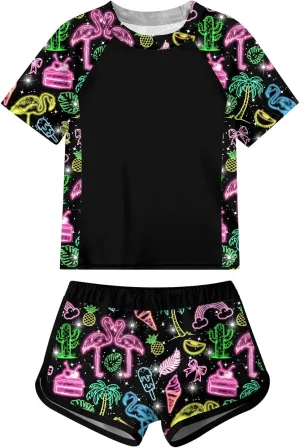 Enlifety 7-14T Girls Swimsuit 2 Piece Bathing Suit Short Sleeve Rash Guard Swimwear Set