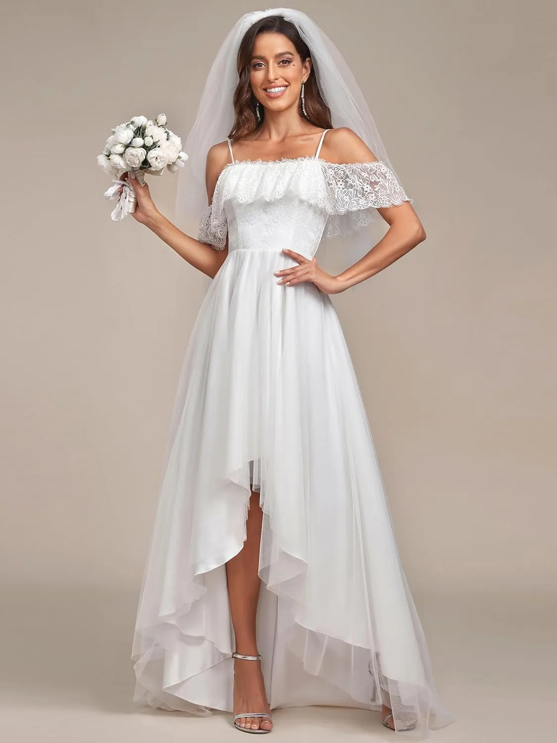 Ever-Pretty Wedding Dress Women's A Line Off Shoulder High Low Spaghetti Straps Lace Bridal Dress 90340
