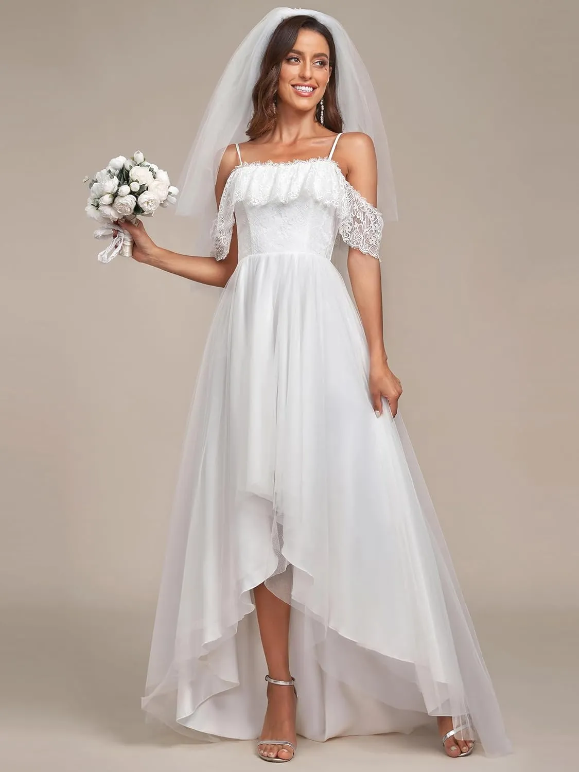 Ever-Pretty Wedding Dress Women's A Line Off Shoulder High Low Spaghetti Straps Lace Bridal Dress 90340