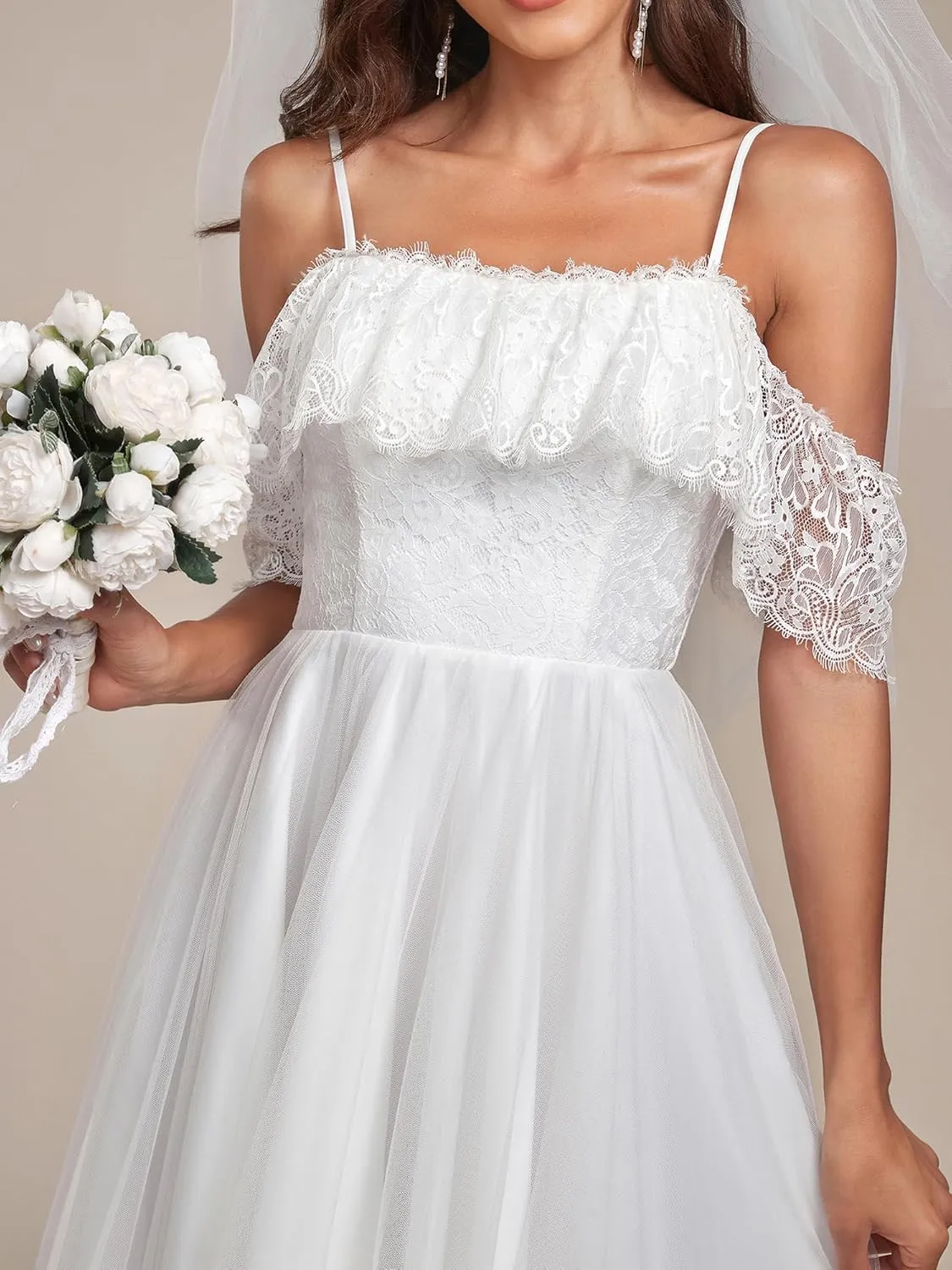 Ever-Pretty Wedding Dress Women's A Line Off Shoulder High Low Spaghetti Straps Lace Bridal Dress 90340