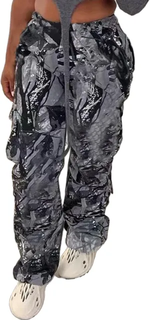 Famnbro Camo Pants Women Mid Waist Straight Leg Baggy Camouflage Cargo Pants Streetwear Trousers