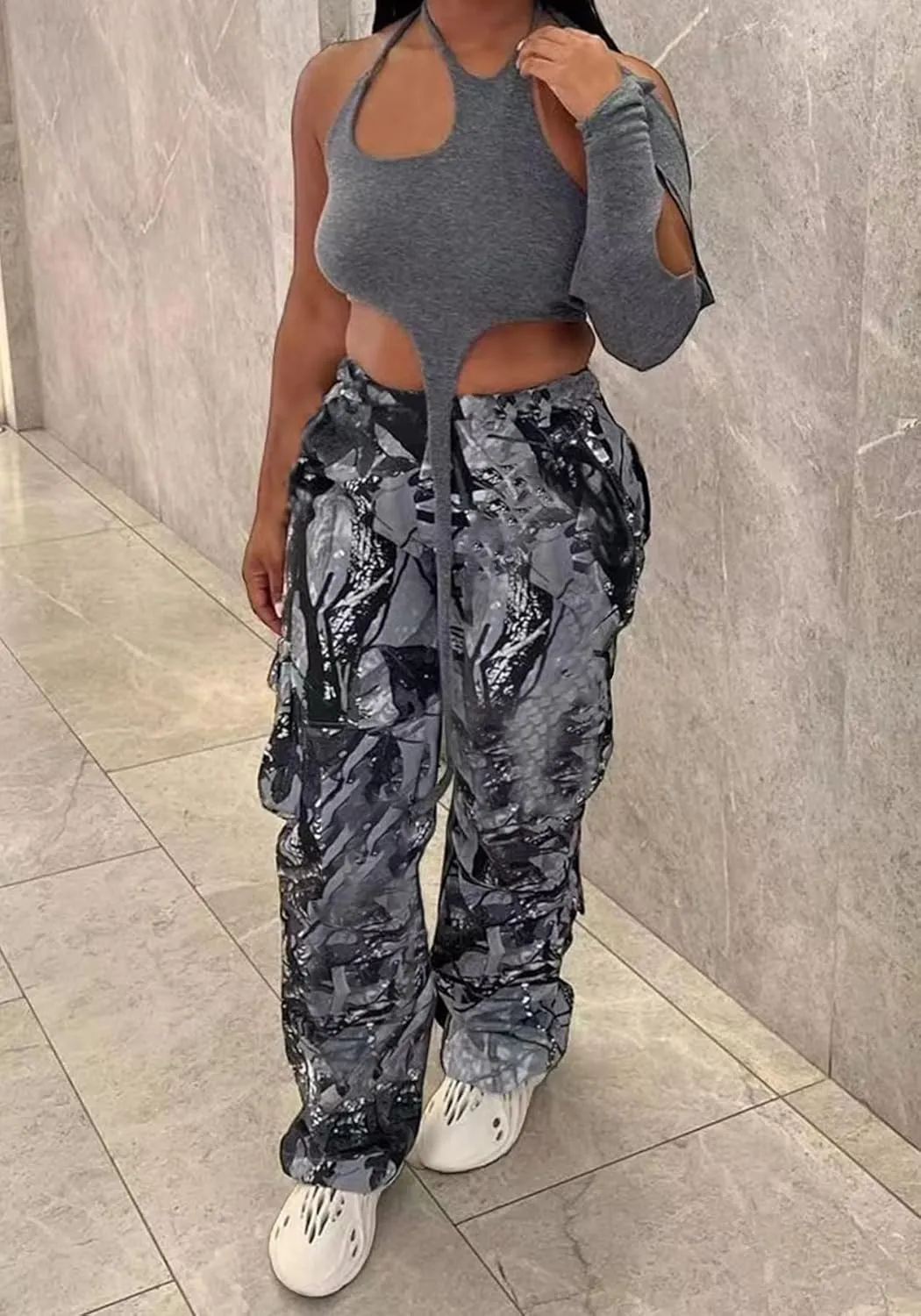 Famnbro Camo Pants Women Mid Waist Straight Leg Baggy Camouflage Cargo Pants Streetwear Trousers