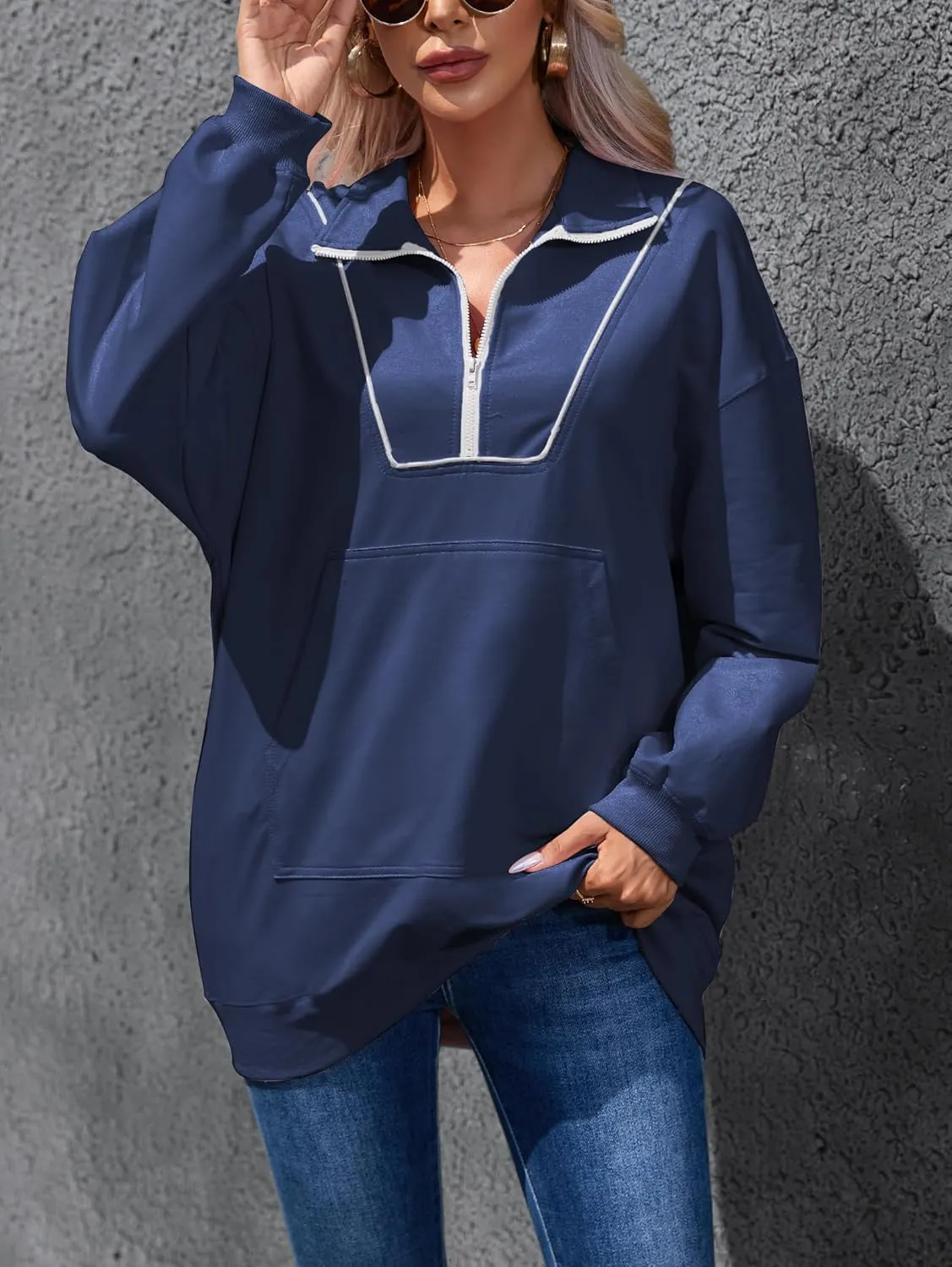 Famulily Cute Half Zipper Lapel Collar Pullover Tops Casual Drop Shoulder Contrast Color Line Sweatshirt with Kangaroo Pocket